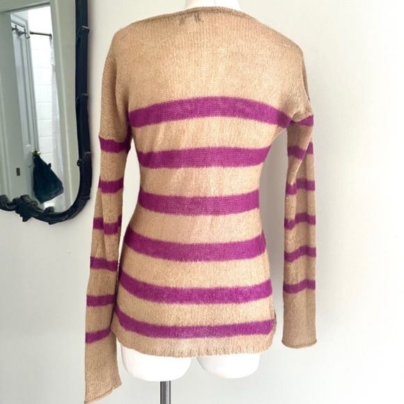 Ann Taylor LOFT Tan w/ Magenta Stripes Mohair Blend Crew Neck Sweater - Picture 2 of 5